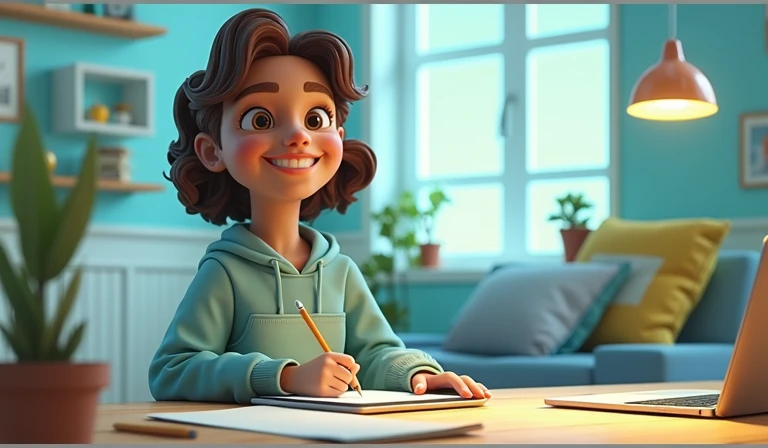 3D render teenage girl happy drawing on tablet, cozy atmosphere, technological, cartoon style