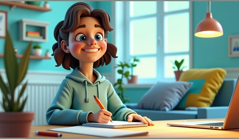 3D render age girl happy drawing on tablet, cozy atmosphere, technological, cartoon style