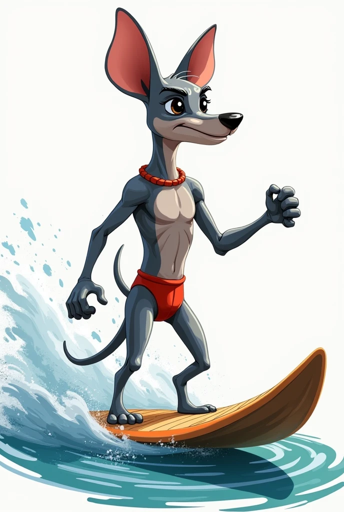 Create me a digital sketch for the mascots of the Pan American Games Peru 2027 inspired by the Peruvian dog, the viringo or peruvian hairless dog. Remember to replicate the features of the dog that is gray, Put him doing some sport like surfing on totora horses