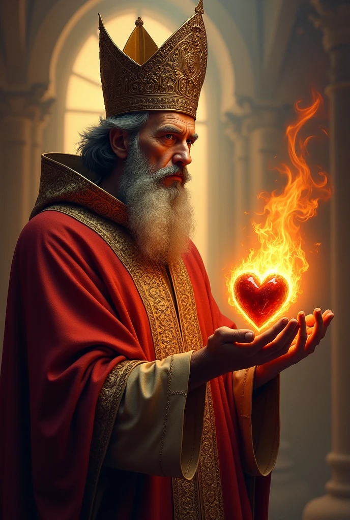 Portray St. Augustine with a deep, contemplative expression, must look 60 years old wearing a rich bishop's robe and a detailed miter on his head. The miter must be clearly visible, with traditional details. He is holding a burning, inflamed heart in one hand and a bishop's crozier in the other. . The background should be celestial and ethereal, with a luminous aura around it and soft lighting that highlights the burning heart, creating an atmosphere of passion and spiritual devotion