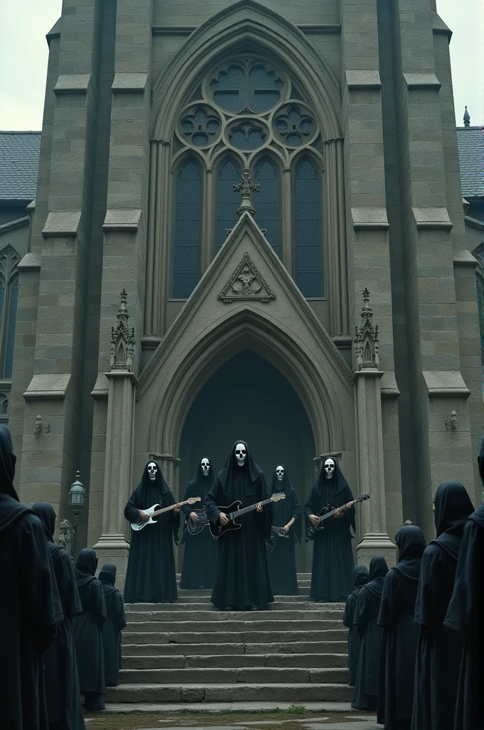 5 black skull make a band on church,  many people come to see it 