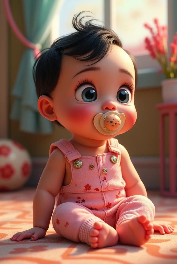 RAISING A 6 MONTH OLD BABY IN DISNEY PIXAR HALF BALD BLACK HAIR STRAPPED BACK BIG BLUE EYES WITH PACIFIER IN MOUTH IN PINK FLORAL OVERALLS WITH GOLD BUTTONS SITTING 