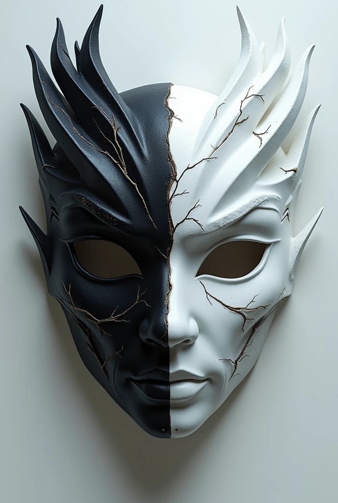 Create me a storm mask that is black on the right side and white on the left ONLY THE STORM MASK NO PERSON NO SWEATER NO NO GLASSES.