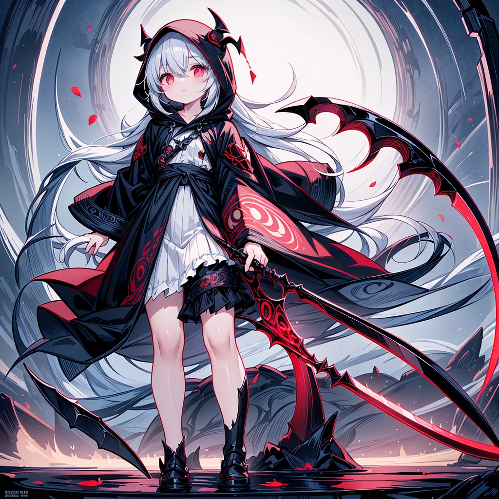 The cover image of the manga, Gray Grim Reaper Scythe, features a cute girl with waist-length white hair and ruby red eyes, standing in a beautiful pose holding a scythe The sickle has a single black handle.Red spider lily fractal art、chaos、chaos、🌹Thorns、