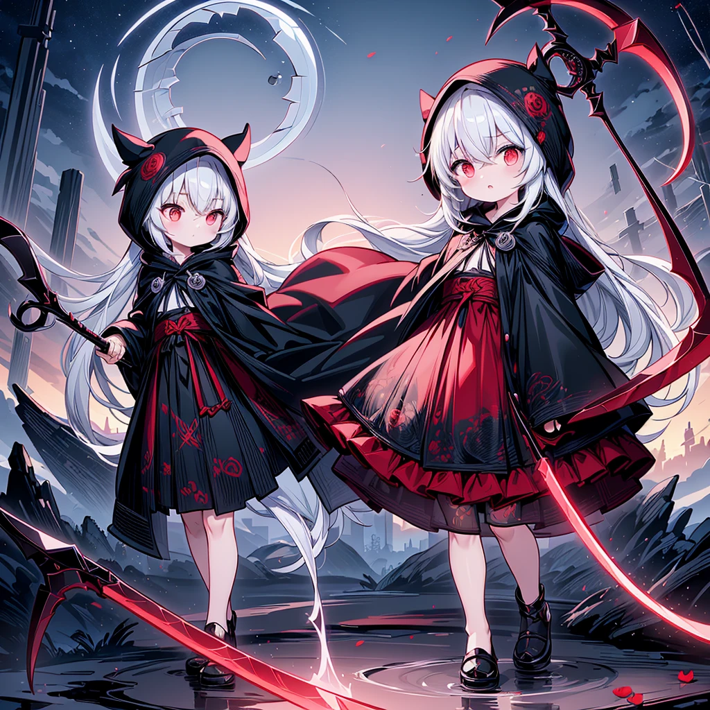 The cover image of the manga, Gray Grim Reaper Scythe, features a cute girl with waist-length white hair and ruby red eyes, standing in a beautiful pose holding a scythe The sickle has a single black handle.Red spider lily fractal art、chaos、chaos、🌹Thorns、