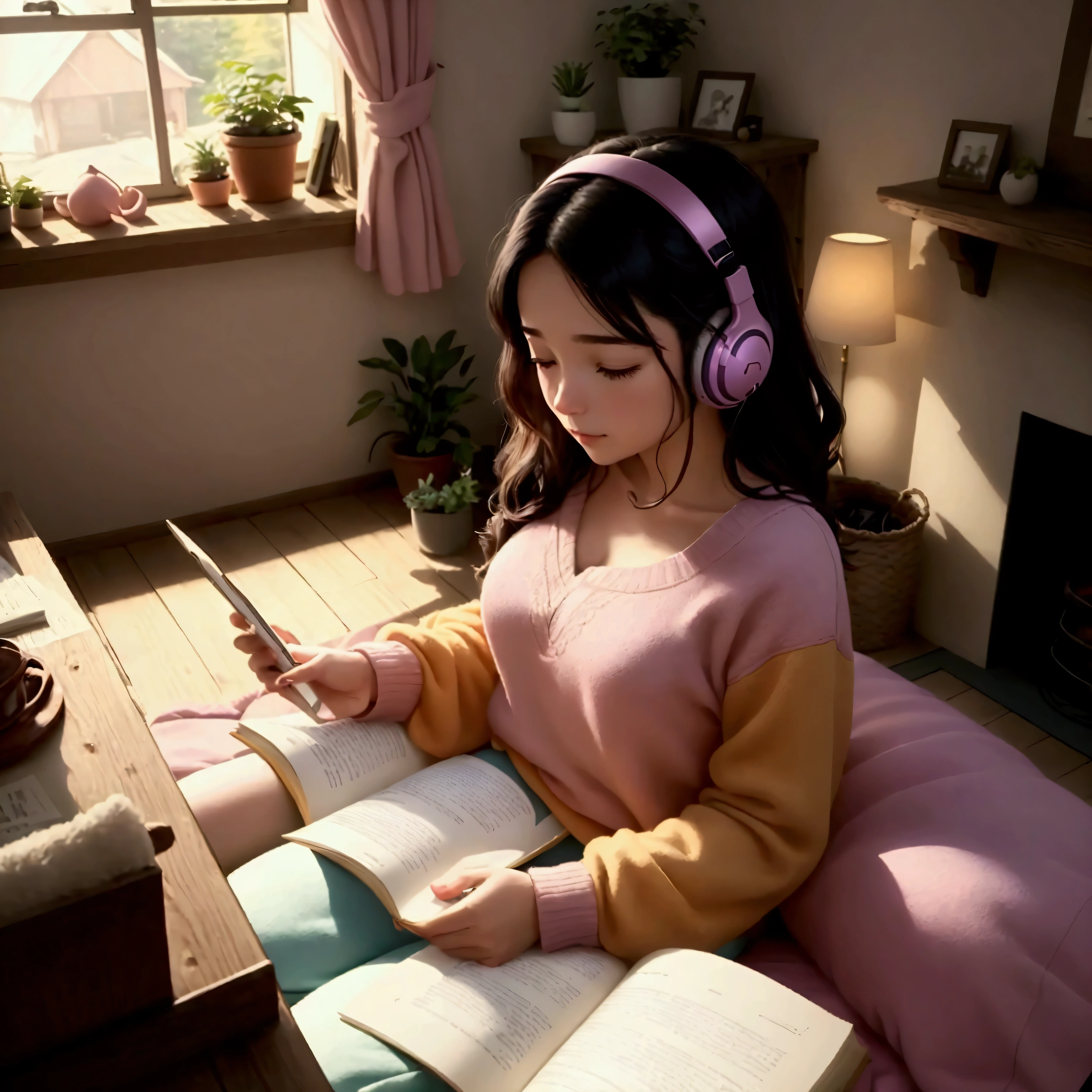 Create an image that depicts a warm, intimate scene with a style reminiscent of modern animation. In it, a young woman with dark hair with a pink bow that holds her hair, relaxes lying on her bed reading a book in her spring house in the rustic style countryside with beautiful traditional luxury curtains, spring season. She wears a sweatshirt, yellow pants and a sweatshirt. purple blouse, They are wearing headphones calmly with an orange cat lying on the bed next to them, conveying a feeling of comfort and peace. The room has a cozy and modern decor with a color palette dominated by shades of pink, purple and touches of red. There is a shelf full of books, indicating interest in reading or studying, as well as decorations such as plants, a luminous orb and a paper garland. The room is lit by the soft glow of a fireplace, and an open laptop on the floor suggests that the person was working or studying and has a purple and yellow school bag. The composition of the image is balanced and full of personal details such as photographs and objects that express the occupant's personality. The scene as a whole evokes a feeling of serenity and contentment, much like the idea of being at home on a cold day, the scene is seen from above. 8k photography style