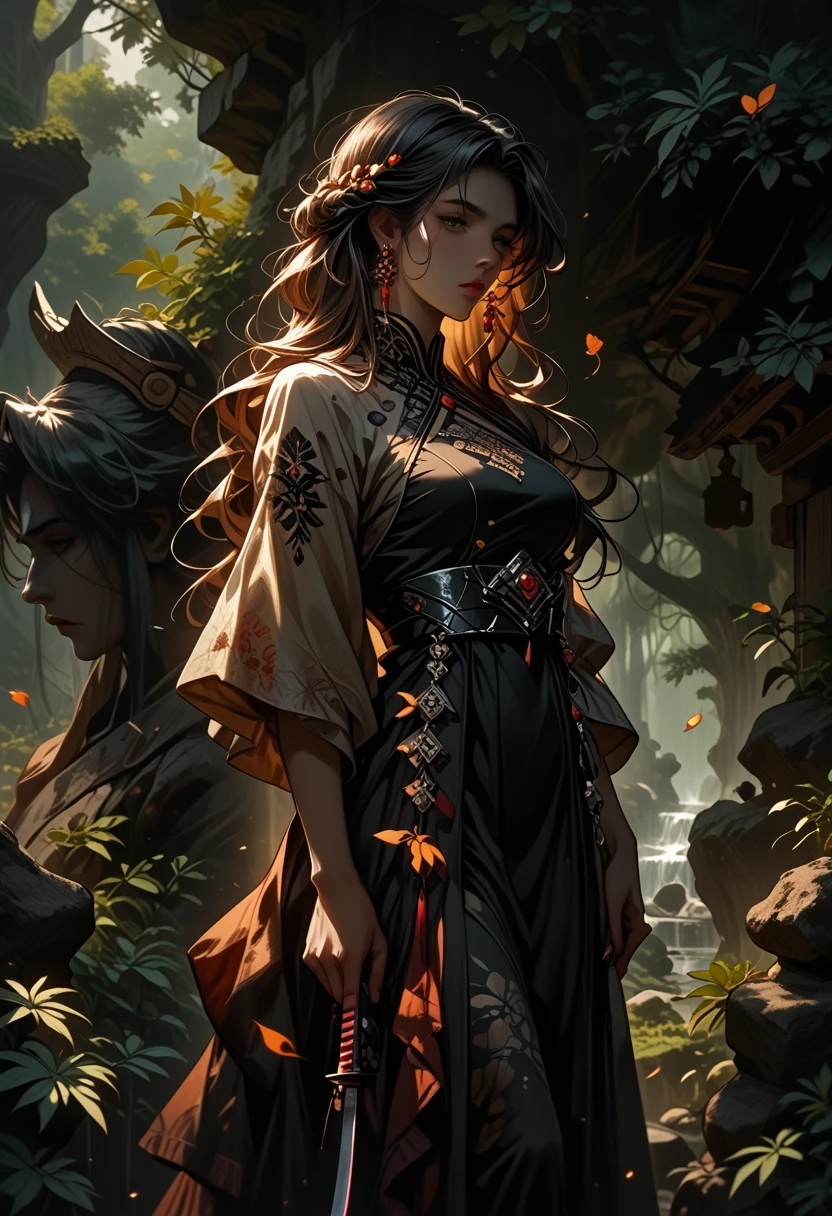 anime,(In the Katana Stone),Girl Attractive,Suitable for stone,autumn forest,Small paved path to the stone,Leaves are crumbling,Dress with diagonal patterns,Behind the stone,Statue-monument to a hero in armor and with long hair,I feel nostalgic,score_9, score_8_up, score_7_up,rating_explicit, Negative Prompt, masterpiece, high quality, clear detail, beautiful colors, 