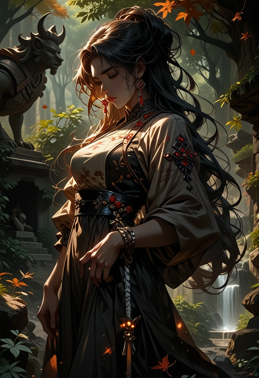 anime,(In the Katana Stone),Girl Attractive,Suitable for stone,autumn forest,Small paved path to the stone,Leaves are crumbling,Dress with diagonal patterns,Behind the stone,Statue-monument to a hero in armor and with long hair,I feel nostalgic,score_9, score_8_up, score_7_up,rating_explicit, Negative Prompt, masterpiece, high quality, clear detail, beautiful colors, 