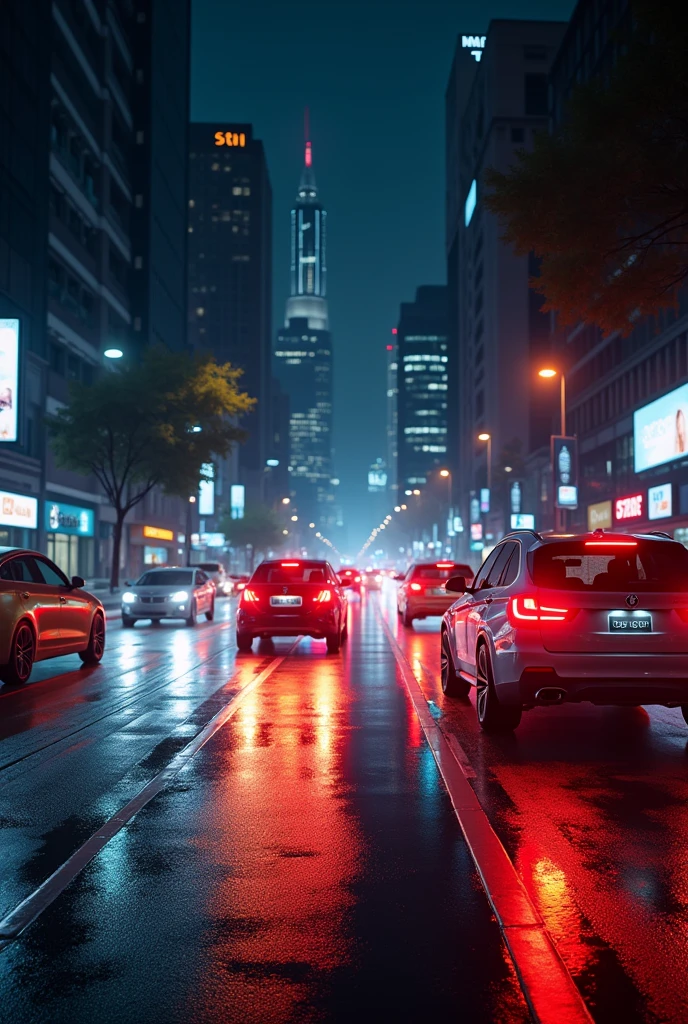 Create a compelling night-time street scene with a focus on capturing the vibrant energy and atmosphere of urban life. The composition should include a well-lit street, showcasing the interplay of artificial lights and shadows. Feature a variety of cars, their headlights and taillights adding dynamic streaks of light and reflections on the wet pavement. Aim to convey the rhythm and pulse of the city at night, highlighting the contrast between the illuminated surroundings and the darker, quieter elements of the scene.