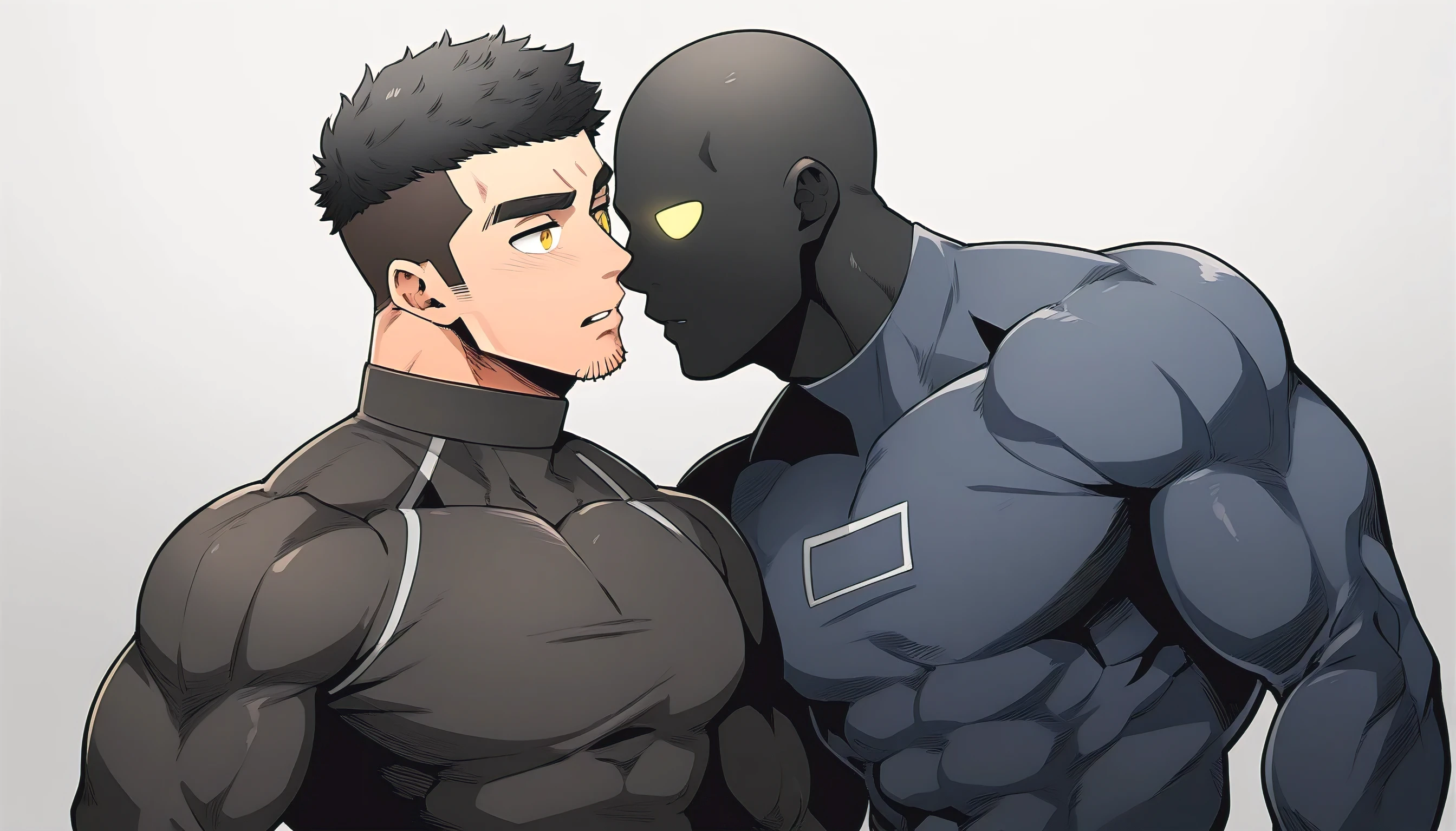 anime characters：Two superheroes in tights, Muscle Sports Student and Muscle No Face skinhead superhero, No Face, negro black skin, They hugged and kissed each other, Bite your neck, Caress, Manliness, male focus, Yellow and black high collar long sleeve tight T-shirt, Slightly transparent material, Very tight, Round, full and perky chest muscles, Muscle waist, Slightly transparent, muscular male, muscular, only, Upper body, alone, Black short hair, Thick eyebrows, stubble, Yellow eyes, Grey background, simple background, amazing quality, best aesthetics, Ridiculous, bright pupils, crew cut, parted lips, embarrassed, endured face, shy, best quality