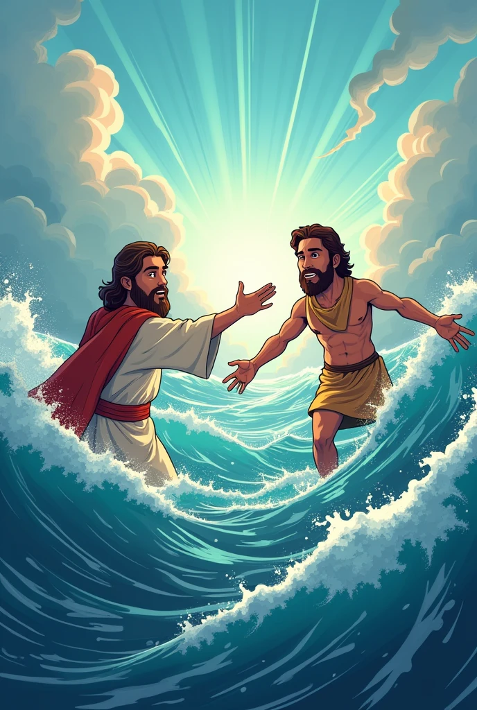 Create a cartoon illustration of adult Jesus reaching out to adult Peter bringing him to the surface of the sea
   