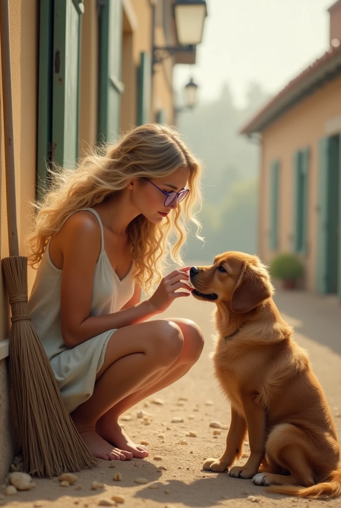 25 year old girl squatting, playing with a caramel dog, next to a typical house in a village in Provence. She is blonde, long  hair, curlies. It&#39;s quite windy and your hair and dress move. Lavender glasses. Rustic broom leaning against the wall. Filtro foggy. David Hamilton Style.