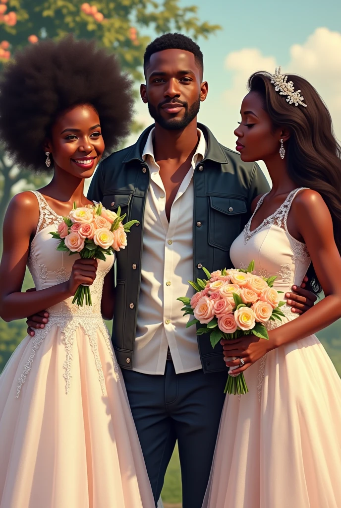 Un jeune garçon de 23 ans africain en veste au milieu de deux belles filles africaines en robe de mariage et tenant chacune dans les mains une fleur. La première fille a 19 ans et est heureuse tandis que la seconde fille a 21 ans et est triste