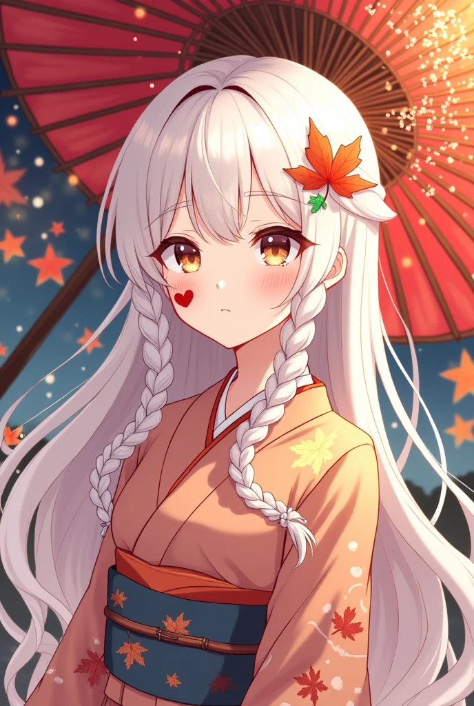 Anime illustration icon, cute white hair, older sister, red heart sticker on right cheek,, kimono, Japanese umbrella background, autumn leaves, lots of fireworks, night braids long hair red heart sticker on right cheek pink kimono with maple leaves hair ornament with a touch of green