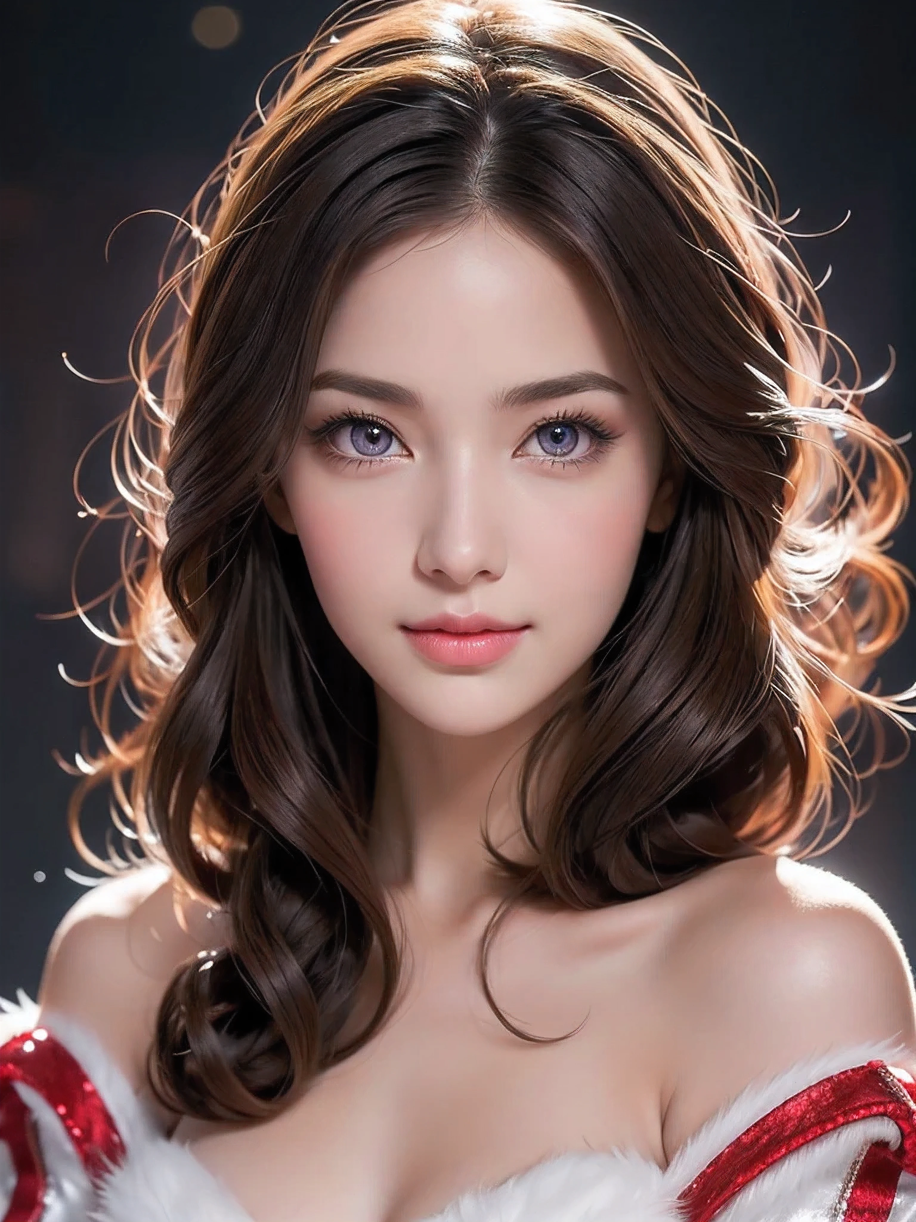 A stunning portrait of Anna Dittman-like beauty, dressed in a fitted red and white dress with fur trim, wide sleeves, and gloves, set against a darker bokeh background. Her long ash-brown hair cascades down her back as she gazes directly at the viewer with a captivating smile (1, 4). Her realistic violet eyes sparkle with intrigue. The focus is sharp, highlighting the intricate details of her outfit, from the delicate patterns to the subtle texture of the fur trim. A stunning example of hyper-detailed close-up photography.