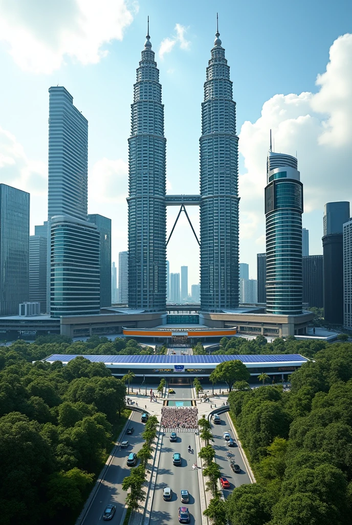 Create me a very cool town that is in Malaysia but there's a lot of solar panels that are powering the huge tall and small buildings with the twin Petronas towers in the middle and make the car a little bit futuristic