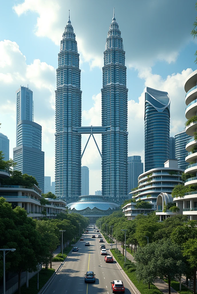 Create me a very cool town that is in Malaysia but there's a lot of solar panels that are powering the huge tall and small buildings with the twin Petronas towers in the middle and make the car a little bit futuristic
