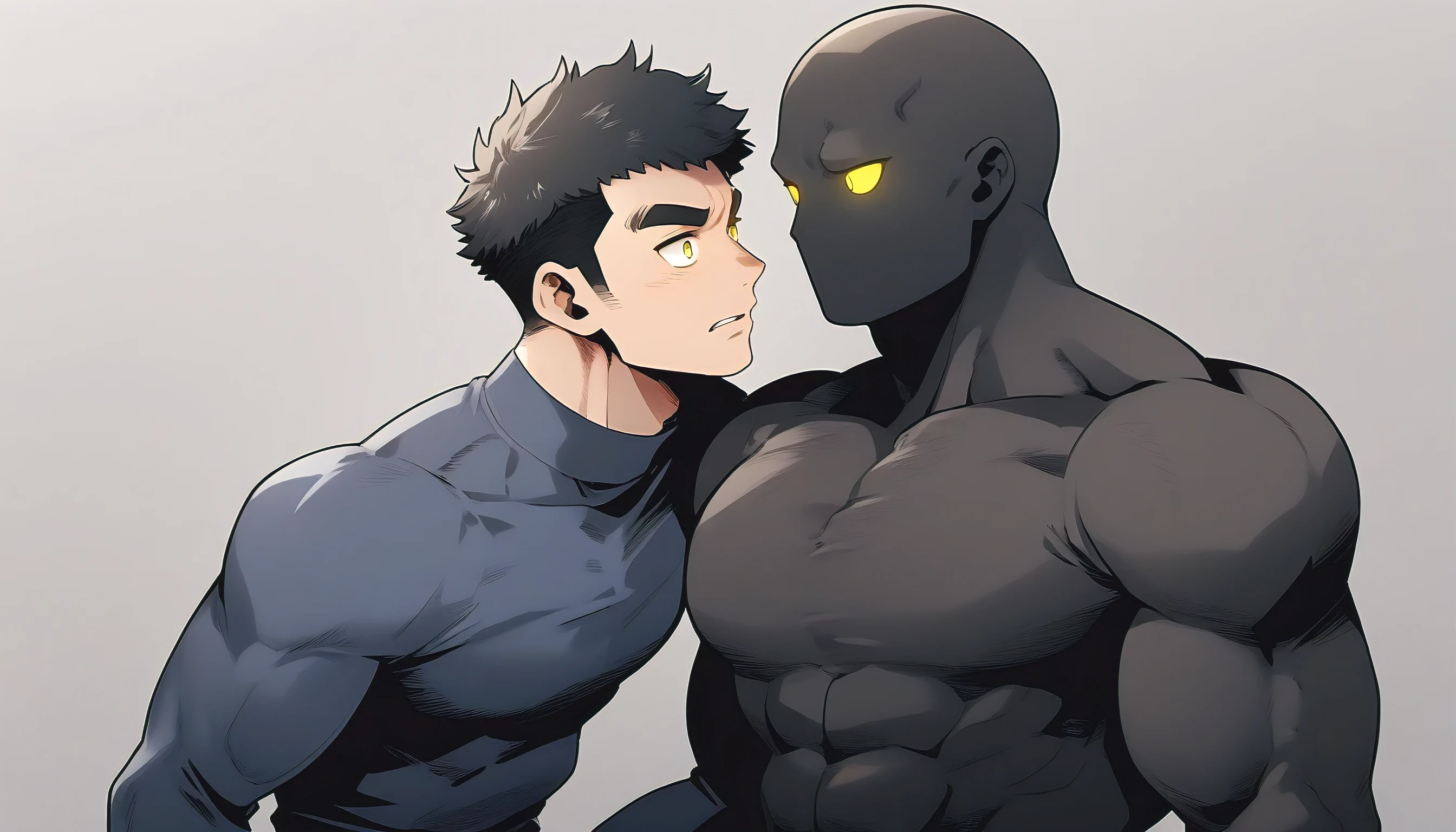 anime characters：Two superheroes in tights, Muscle Sports Student and Muscle No Face skinhead superhero, No Face, negro black skin, They hugged and kissed each other, Bite your neck, Caress, Manliness, male focus, Yellow and black high collar long sleeve tight T-shirt, Slightly transparent material, Very tight, Round, full and perky chest muscles, Muscle waist, Slightly transparent, muscular male, muscular, only, Upper body, alone, Black short hair, Thick eyebrows, stubble, Yellow eyes, Grey background, simple background, amazing quality, best aesthetics, Ridiculous, bright pupils, crew cut, parted lips, embarrassed, endured face, shy, best quality