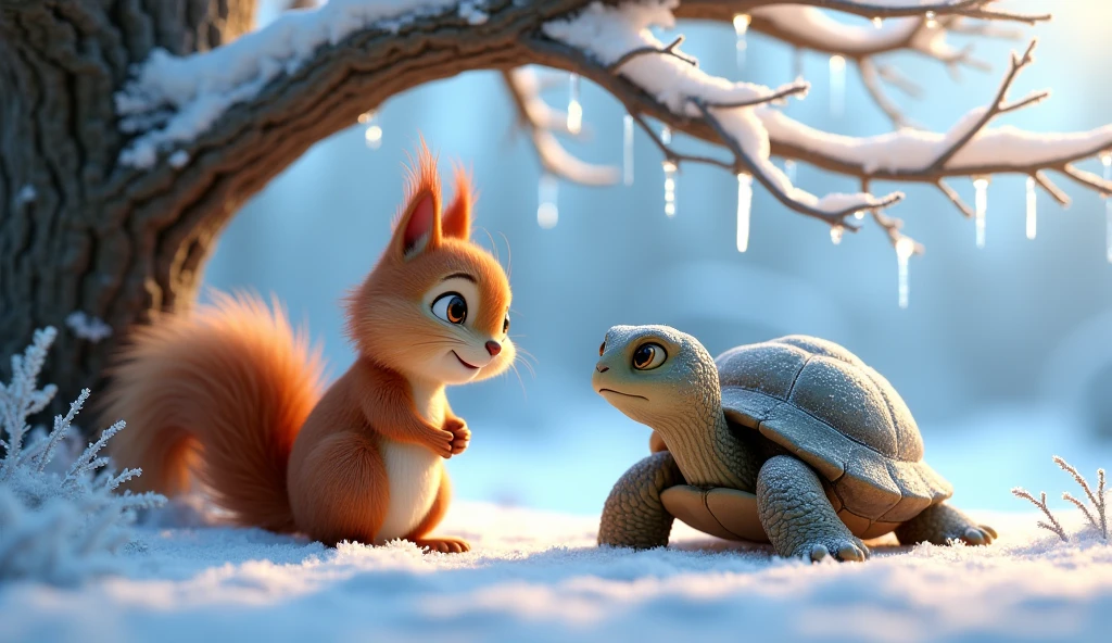 • make 3d realistic animated image of "•  • Just as he (squirrel)was about to give up, Shelly(an old turtle)came along and saw Nutty shivering under a tree.
Prompt: Shelly, the old turtle, arriving at the scene, looking concerned as she finds Nutty shivering and cold under a frosty tree.
