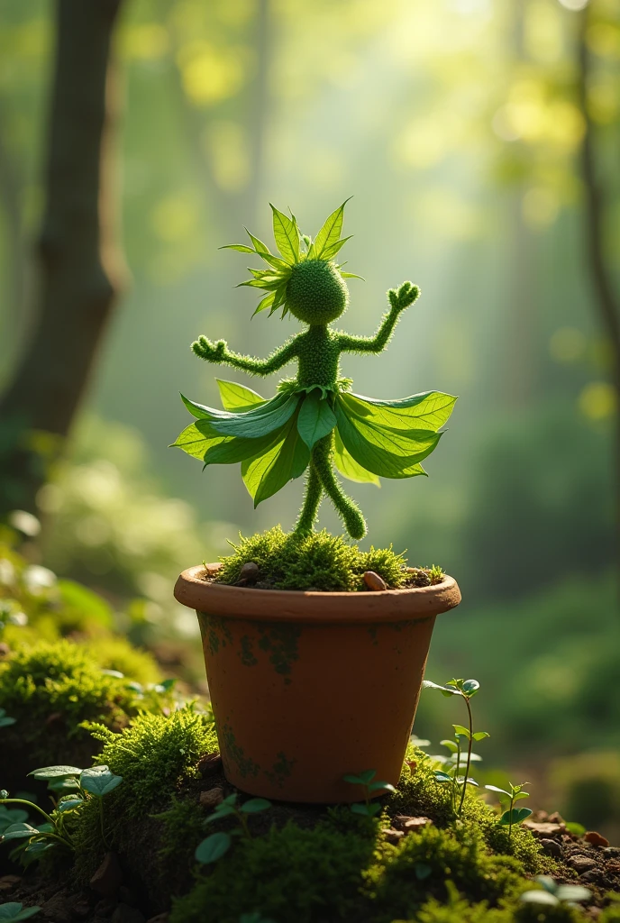 A whimsical miniature figure composed of delicately arranged green leaves, poised in a carefree dance on the rim of a weathered, moss-covered terracotta pot, set against a lush, vibrant forest backdrop, where dappled sunlight filters through the canopy above, casting intricate shadows. The overall aesthetic is ethereal, with warm, earthy tones of sienna, umber, and olive green, infused with hints of emerald and golden light, evoking a sense of wonder and enchantment, as if plucked from a fantastical realm.