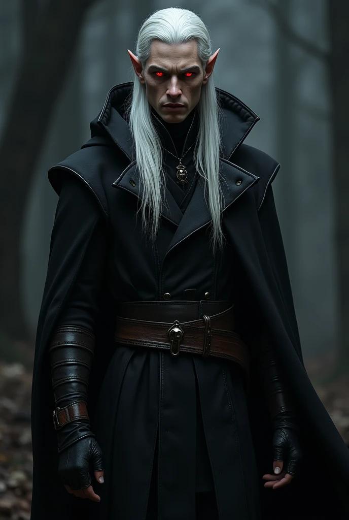 A male elf character with white skin and hair and red eyes , dressed in a long black hooded coat and a leather belt