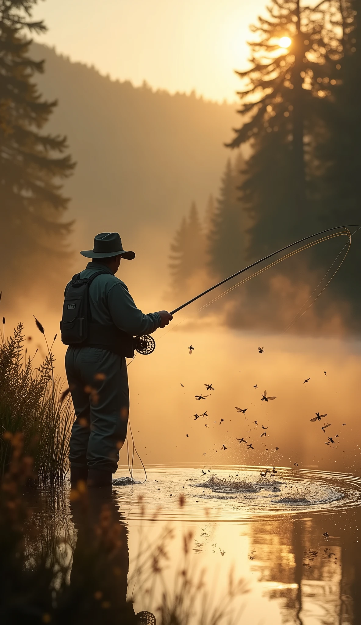 fly fishing photos, Morning Glow, The emergence of insects, Cinematic production, Dramatic Chiaroscuro