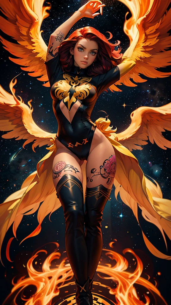 1 woman, fantasy, bird woman, bird claws, orange bird wings, tattoos, heart tattoos, white complexion, short hair, orange hair, messy hair, mature, slender body, athletic, big , black latex clothes, blushing, seductive, glowing orange eyes, ((orange neon lights)), unzipped short shorts, high heels, earrings, (((riding dick, big dick, spreading legs, carried in the air on dick, copious amounts of cum, nsfw)))