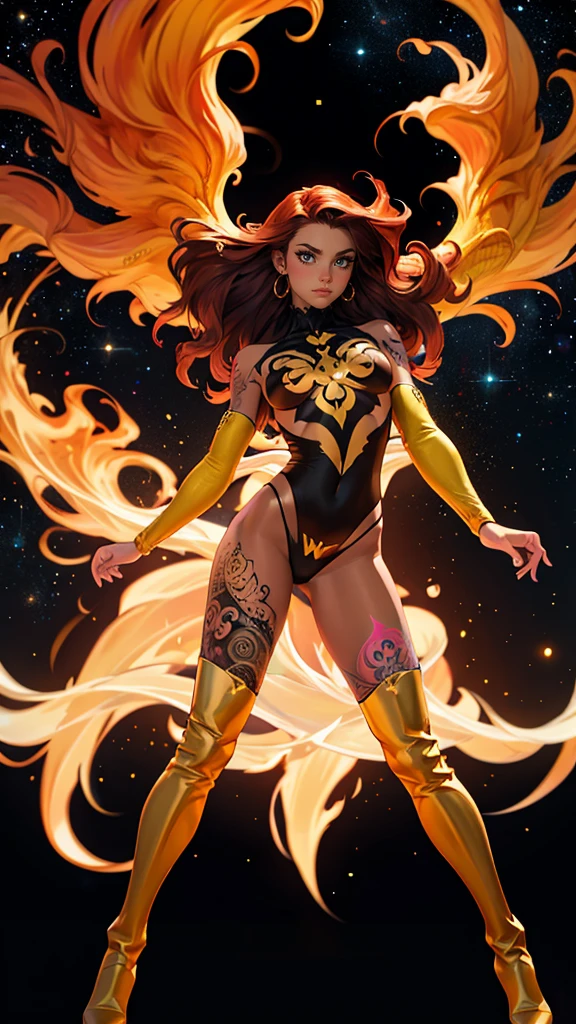 1girl, solo, Jean Grey of X-men, high leg cut out unitard of black and gold, boob window in unitard, ((thighs showing)), ((calf-high boots)), (color mandala tattoos on thighs:1.37), ((color phoenix on chest)), floating in space, arms out in power pose, contrapposto stance, dramatically colorful cosmic background, moody lighting, 16k, best quality, masterpiece, (wide angle:1.27), full length portrait