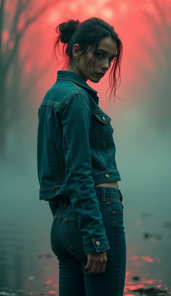 abstract woman, in tight denim jacket, cold weather, flared dark washed faded tight jeans, stuck in bog, loose bun, turns around, red, green, blue, fog