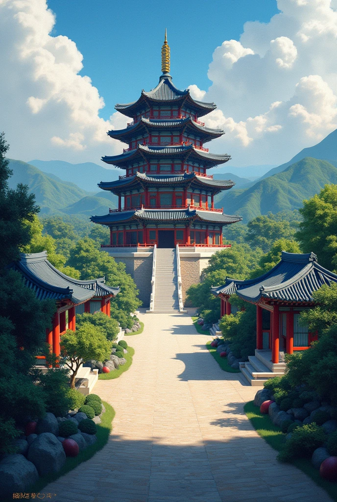Korean traditional palace, digital painting of a pagoda, low detail. digital painting, highly detailed digital art, intricate and detailed roof, highly detailed digital artwork, highly detailed color art, highly detailed painting, detailed art in color, ancient chinese architecture, highly detailed line work, overly detailed digital art
