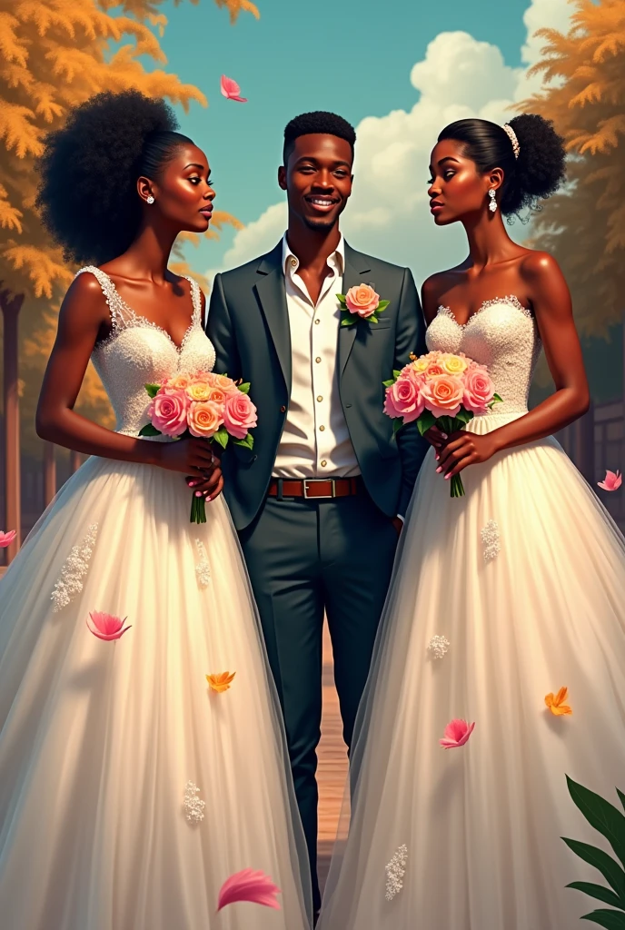 Un jeune garçon de 23 ans africain en veste au milieu de deux belles filles africaines en robe de mariage et tenant chacune dans les mains une fleur. La première fille a 19 ans et est heureuse tandis que la seconde fille a 21 ans et est triste
