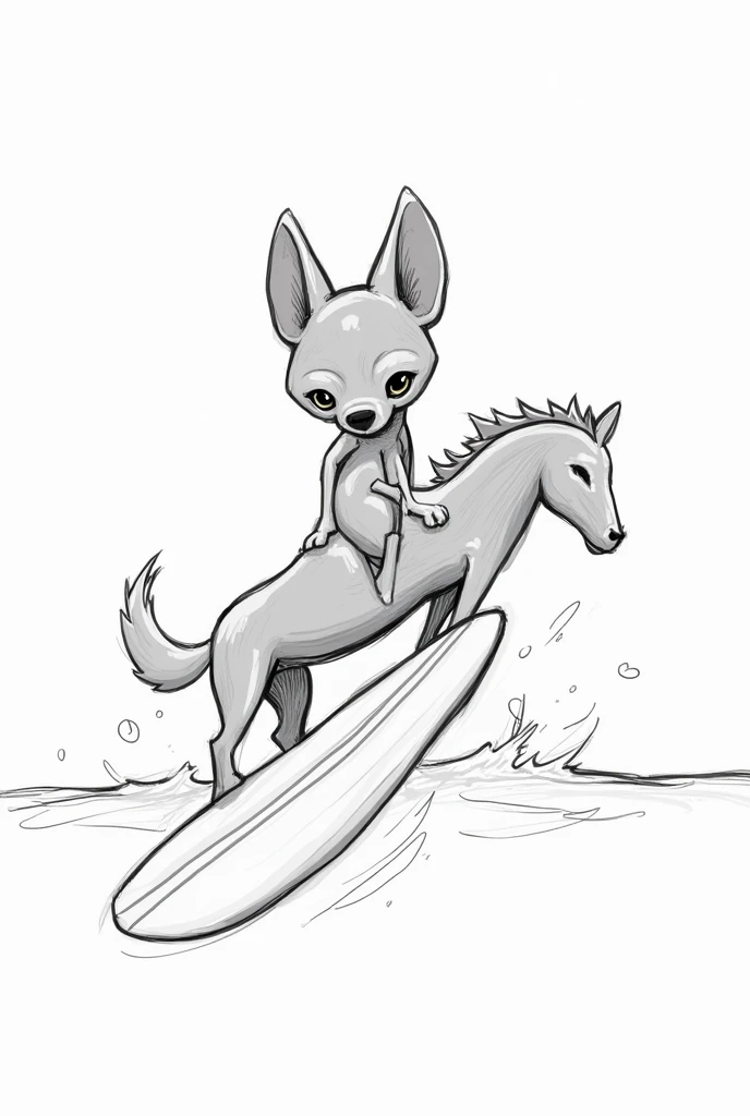 Create me a digital sketch only strokes for the mascots of the Pan American Games Peru 2027 inspired by the Peruvian dog, the viringo or peruvian hairless dog. Remember to replicate the features of the dog that is gray, Put him doing some sport like surfing on totora horses,