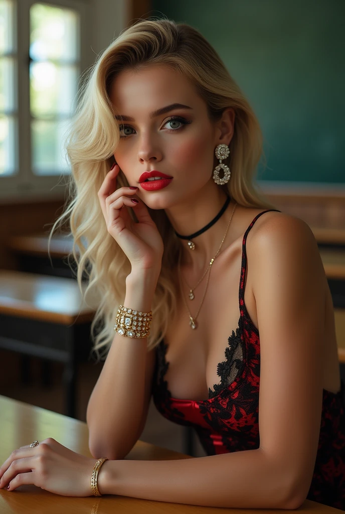 woman SITTING AT A SCHOOL DESK, short transparent red silk dress, highly detailed black lace, blonde, circular gold bracelet, earrings and necklaces with precious jewels, full lips, intense red lips, DROPPED EYES, eyes outlined, big eyelashes, gently touching your face, smiling and winking, melissa sue anderson, 20 years old, nice legs, full body,