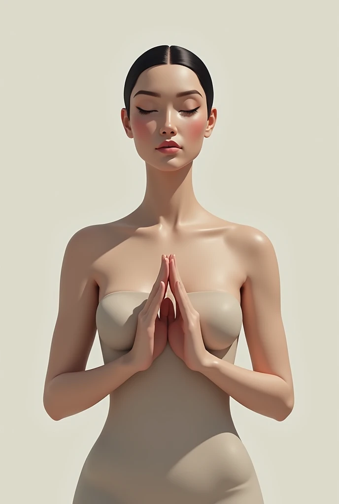 A woman making two signs with her hands between her breasts