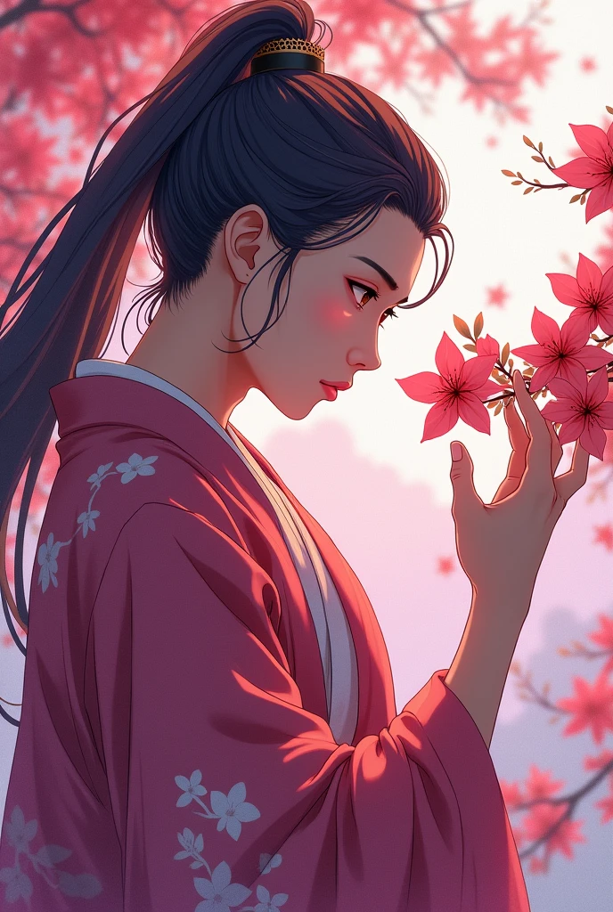 A samurai man, wearing kimono with hair in magenta ponytail, touches the magenta bougaville flowers with his right hand. The composition is portrait. The man is in semi-profile. Your face is as beautiful as Xiao Chan's Chinese manga style illustration, anime in watercolor. Pinterest.