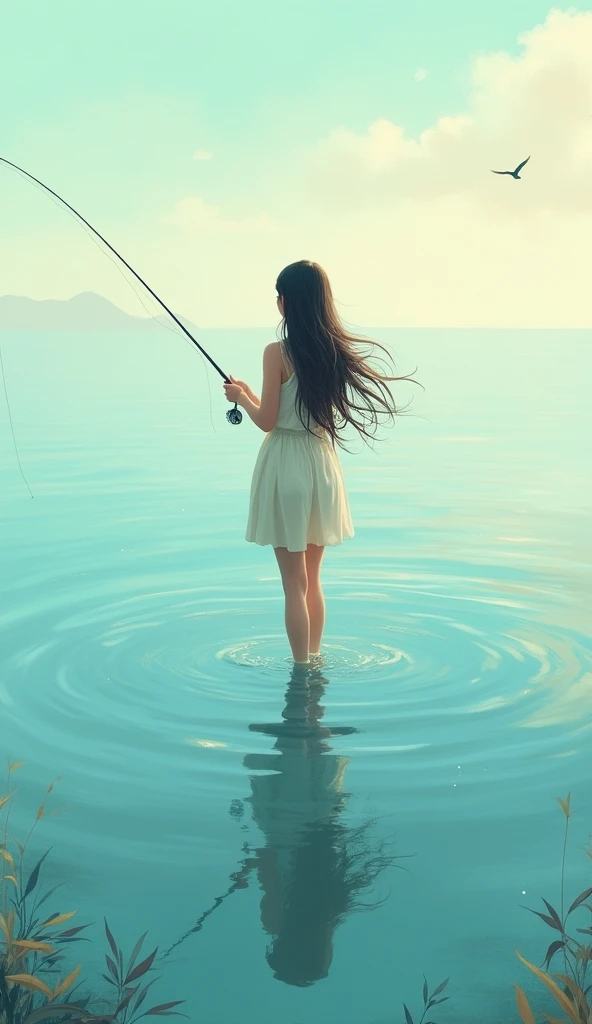 Woman fishing in the sea