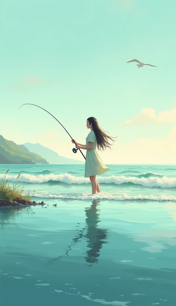 Woman fishing in the sea
