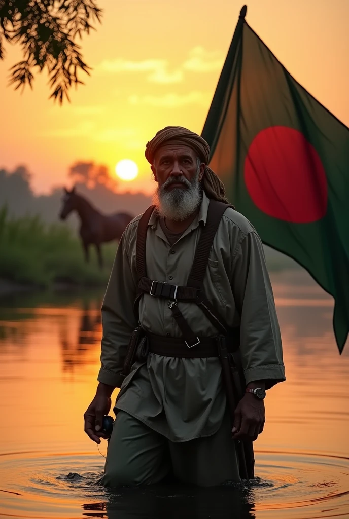 Mujahid with arm and Bangladesh flag in river sunset time black photo with horse ratio 16:9