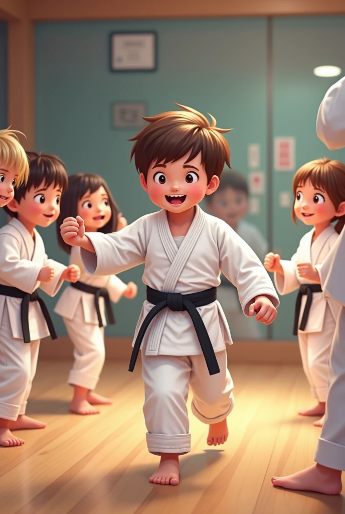 karate 3 Caucasian boys and 2 blonde girls green belt, yellow, white, blue, red, negro