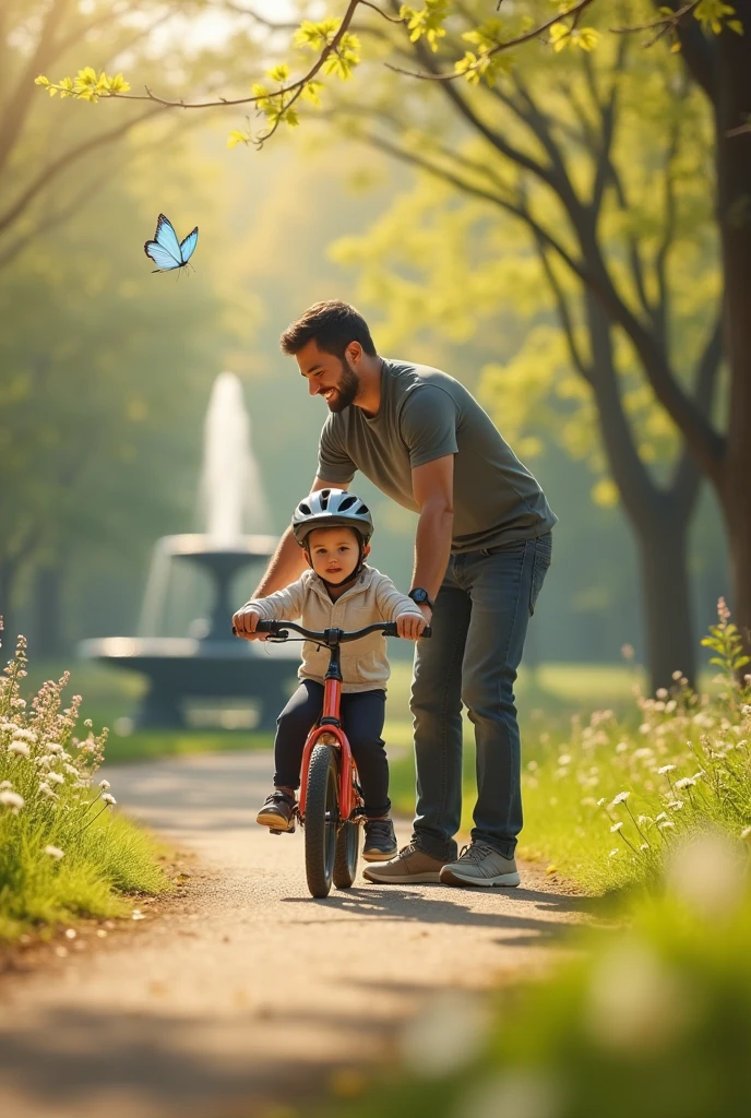 A very small child is practicing riding a bicycle wearing a helmet and protector with scary face, the father is supporting the child's bicycle from behind with a gentle smile so it doesn't fall over, soft spring sunshine, spring flowers, butterflies flying, a peaceful park, a beautiful fountain in the distance, this is about the days of fond memories, view from side,long shot,beautiful scene of the award movie