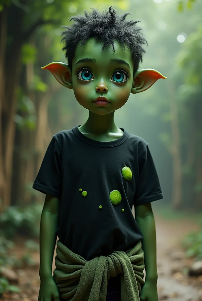 A with dark green skin with blue eye color black t-shirt with small green lime print and a sweatshirt tied around the waist