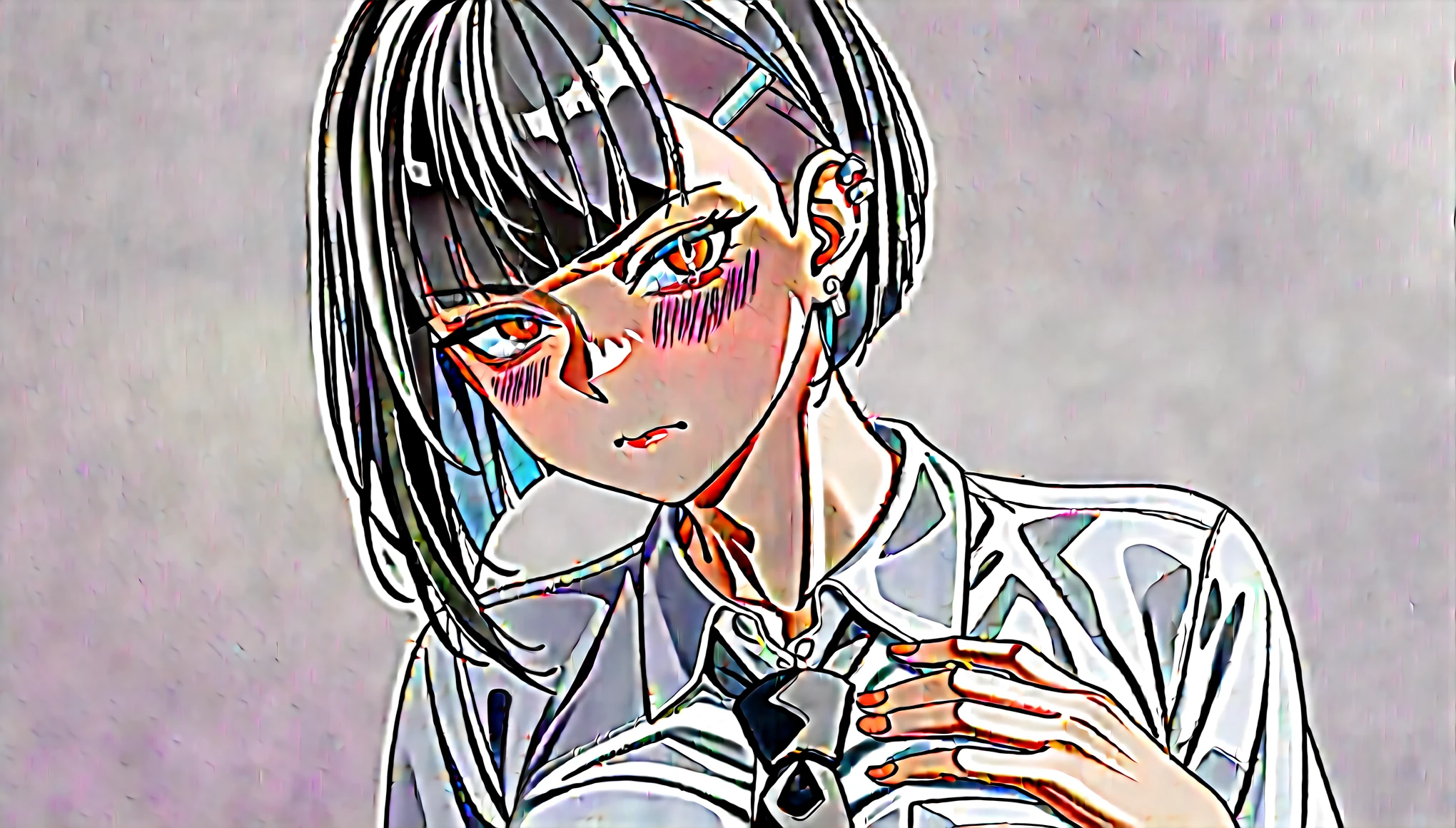 Place your hand on your chest、Sad face、Sad face、cyber punk、1girl、black hair, ((highlights hair, silver streaked hair))、blunt bangs、White shirt、Black tie、Pleated skirt、Red Eyes、Korean、Downtown at night、Slam Dunk、Straight Hair、Bobcut、Earrings