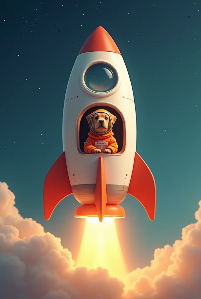 Shopee's little rocket taking off with a caramel dog inside wearing a helmet and dressed as an orange astronaut