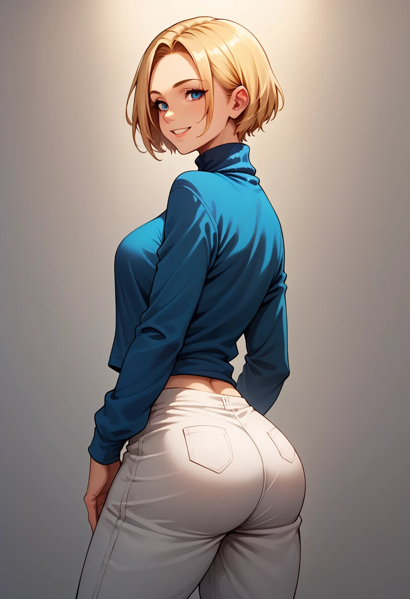 score_9, score_8_up, score_7_up, BREAK, score_9, MaryMS, blonde hair, short hair, smile, turtleneck, baggy pants, taut clothes, jacket, blue eyes, looking at viewer, cowboy shot, ass, from behind, dark room