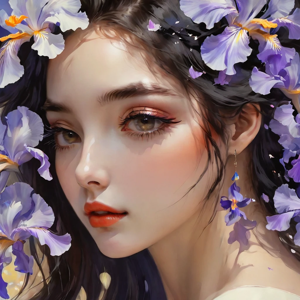 highest quality, masterpiece, surreal), Portrait of a beautiful and delicate profile girl, Playful and cute, Petals are floating in the background,Beautiful iris flowers