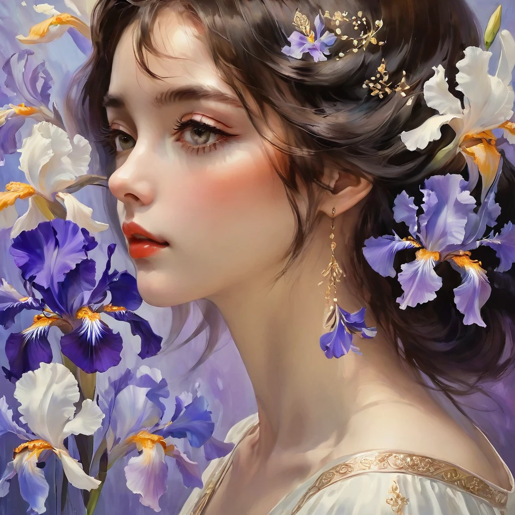 highest quality, masterpiece, surreal), Portrait of a beautiful and delicate profile girl, Playful and cute, Petals are floating in the background,Beautiful iris flowers