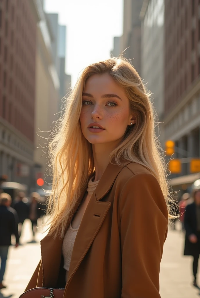 create an influencer,blonde hair,Scandinavian,light eyes,light brown skin, spotty, girl next door,detailed face, in the, 8k resolution,in New York,During the day, in sun,body should be completely visible, elegant clothing,with handbag, mitten auf dem tin thee square,photo taken with camera flash, from front view,face 4k resolution
