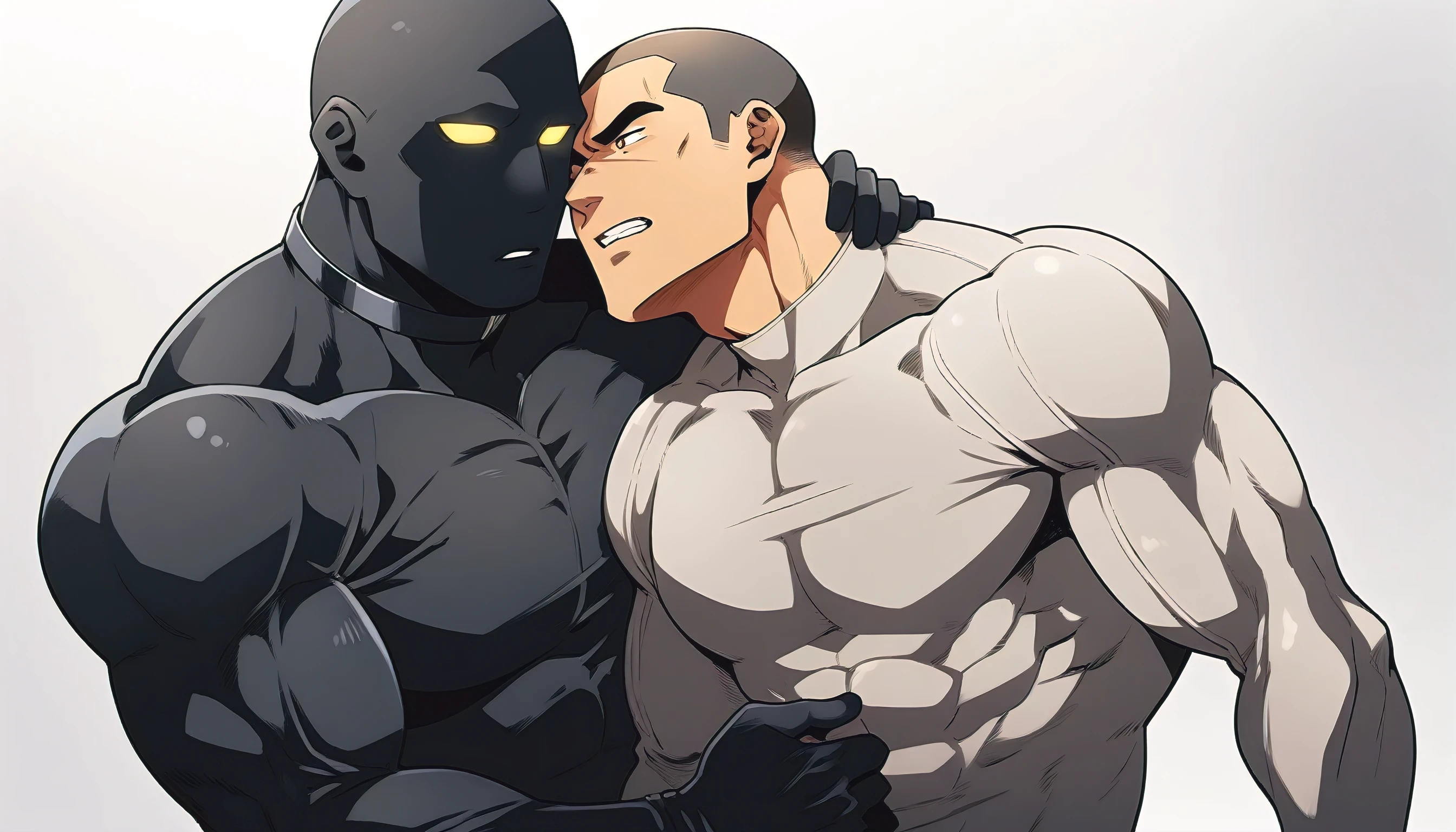 anime characters：Two superheroes in tights, Muscle Sports Student and Muscle No Face skinhead superhero, No Face, negro black skin, They hugged and kissed each other, Bite your neck, Caress, Manliness, male focus, Yellow and black high collar long sleeve tight T-shirt, Slightly transparent material, Very tight, Round, full and perky chest muscles, Muscle waist, Slightly transparent, muscular male, muscular, only, Upper body, alone, Black short hair, Thick eyebrows, stubble, Yellow eyes, Grey background, simple background, amazing quality, best aesthetics, Ridiculous, bright pupils, crew cut, parted lips, embarrassed, endured face, shy, best quality