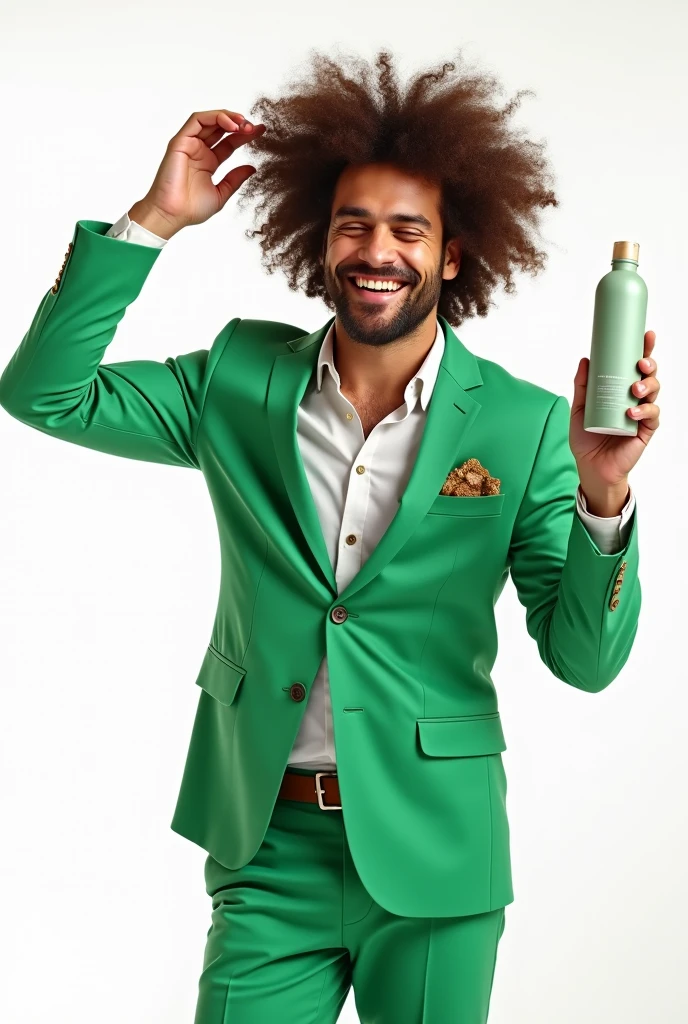 "A happy man, with lots of hair, is wearing a green suit. He is playing with his hair with one hand and with the other he has his hand flat and a hair product on top and the image shows his entire body and the image must have a white background