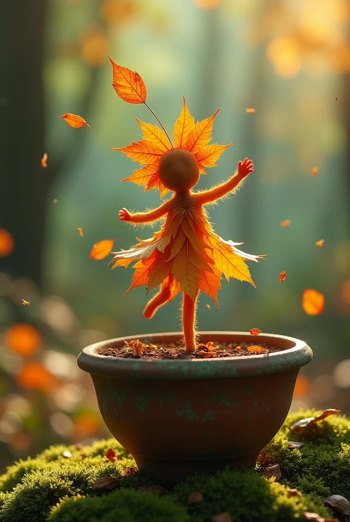 A whimsical miniature figure composed of delicately arranged autumn leaves, poised in a carefree dance on the rim of a weathered, moss-covered terracotta pot, set against a lush, vibrant forest backdrop, where dappled sunlight filters through the canopy above, casting intricate shadows. The overall aesthetic is ethereal, with warm, earthy tones of sienna, umber, and olive green, infused with hints of emerald and golden light, evoking a sense of wonder and enchantment, as if plucked from a fantastical realm.